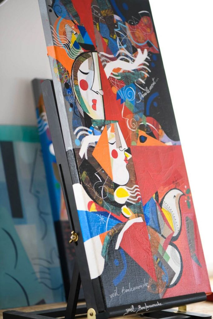 Artwork displayed on an easel in Yoel Benharrouche's studio